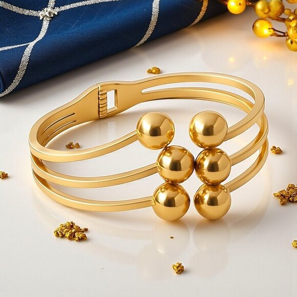 Modern Chic Ball‎ Cluster 18K Gold Plated Stainless Steel Bangle Bracelet - Picture 9 of 13